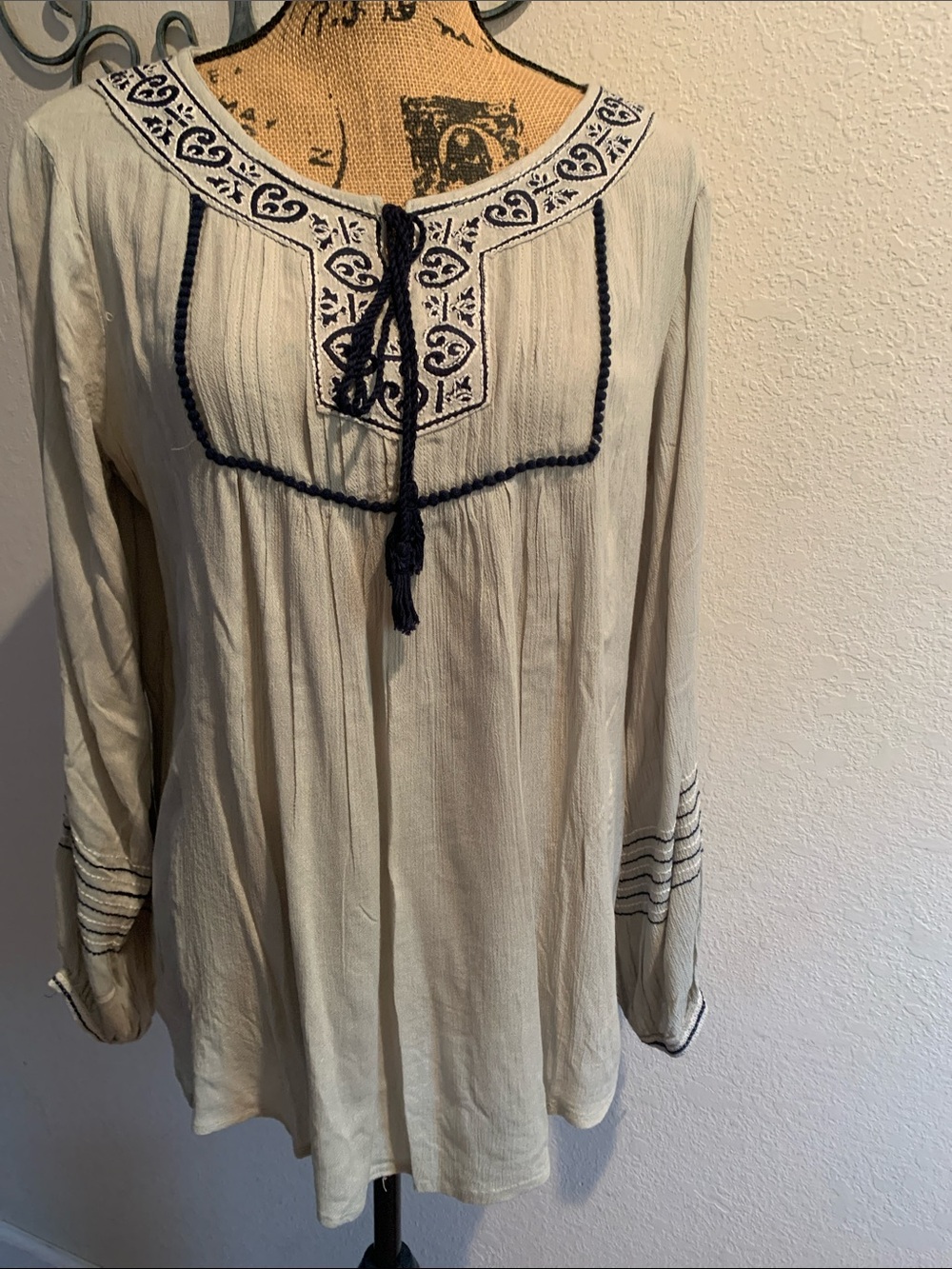 Fashion Magazine Ivory Tunic with Navy Embroidery